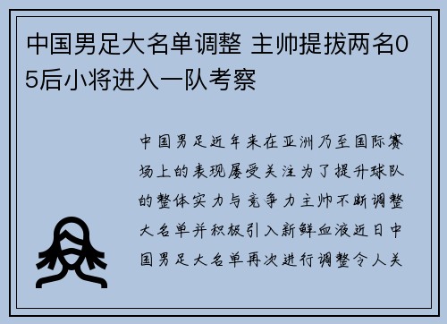 中国男足大名单调整 主帅提拔两名05后小将进入一队考察